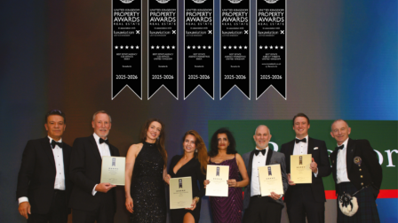Beresfords team on stage accepting multiple national property awards at the International Property Awards 2025